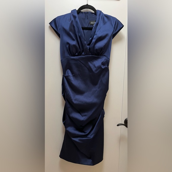 Xscape by Joanna Chen Navy Blue Stretch Satin Ruched Dress - Picture 1 of 6